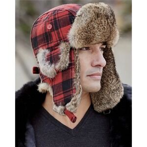 RedHead Buffalo Plaid Trapper Hat Red Black Faux Fur Winter Aviator Cap S/M